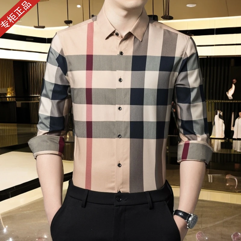 2025立秋新款男士长袖衬衣商务休闲韩版潮流修身穿搭薄款格子衬衣