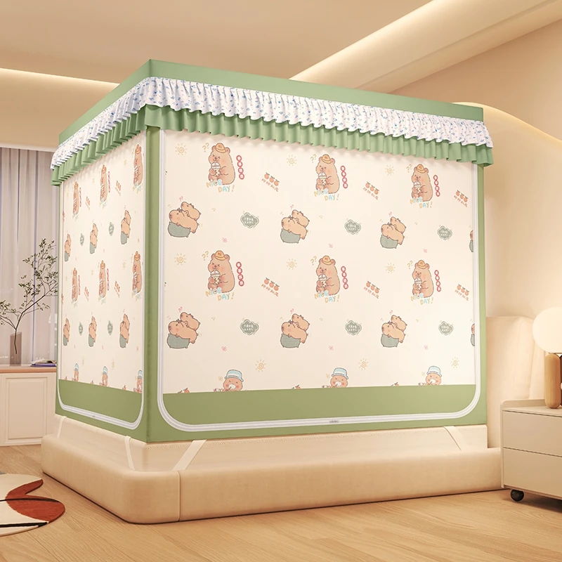 家用卧室加厚全封闭一体式公主风专版印花遮光帘防摔坐床蚊帐迪