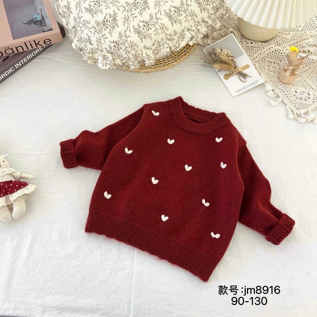长袖爱心法式洋气针织衫毛衣心形圆领小童上衣红色