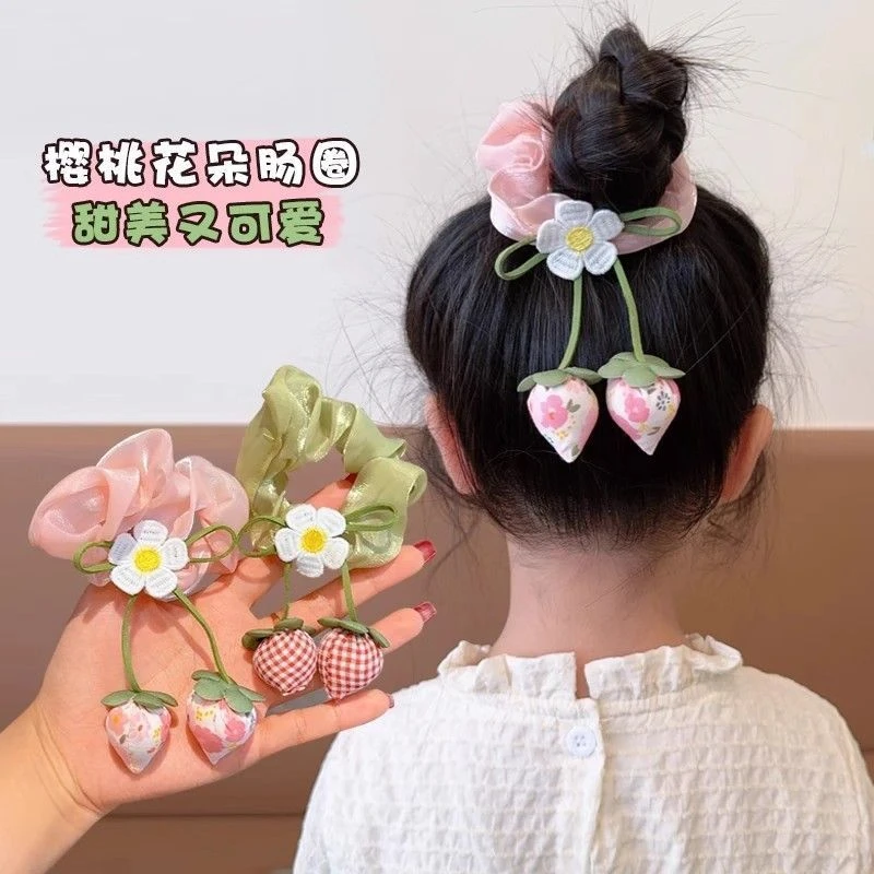 女童甜美布艺草莓结琉璃纱大肠发圈精美可爱立体草莓吊坠发绳儿童