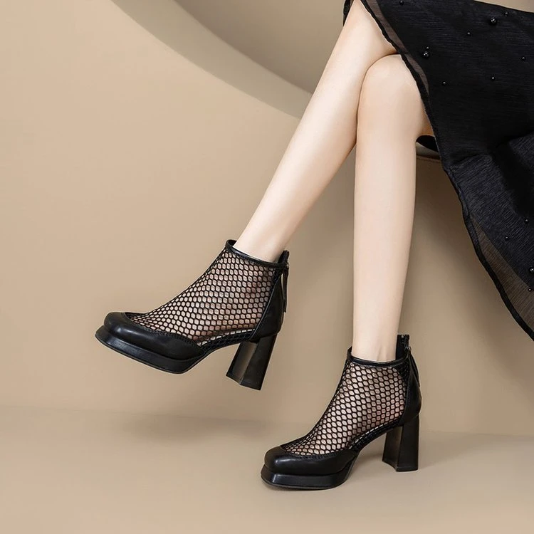 网纱凉靴女夏季短靴子镂空透气网靴粗跟厚底小个子防水台高跟凉鞋