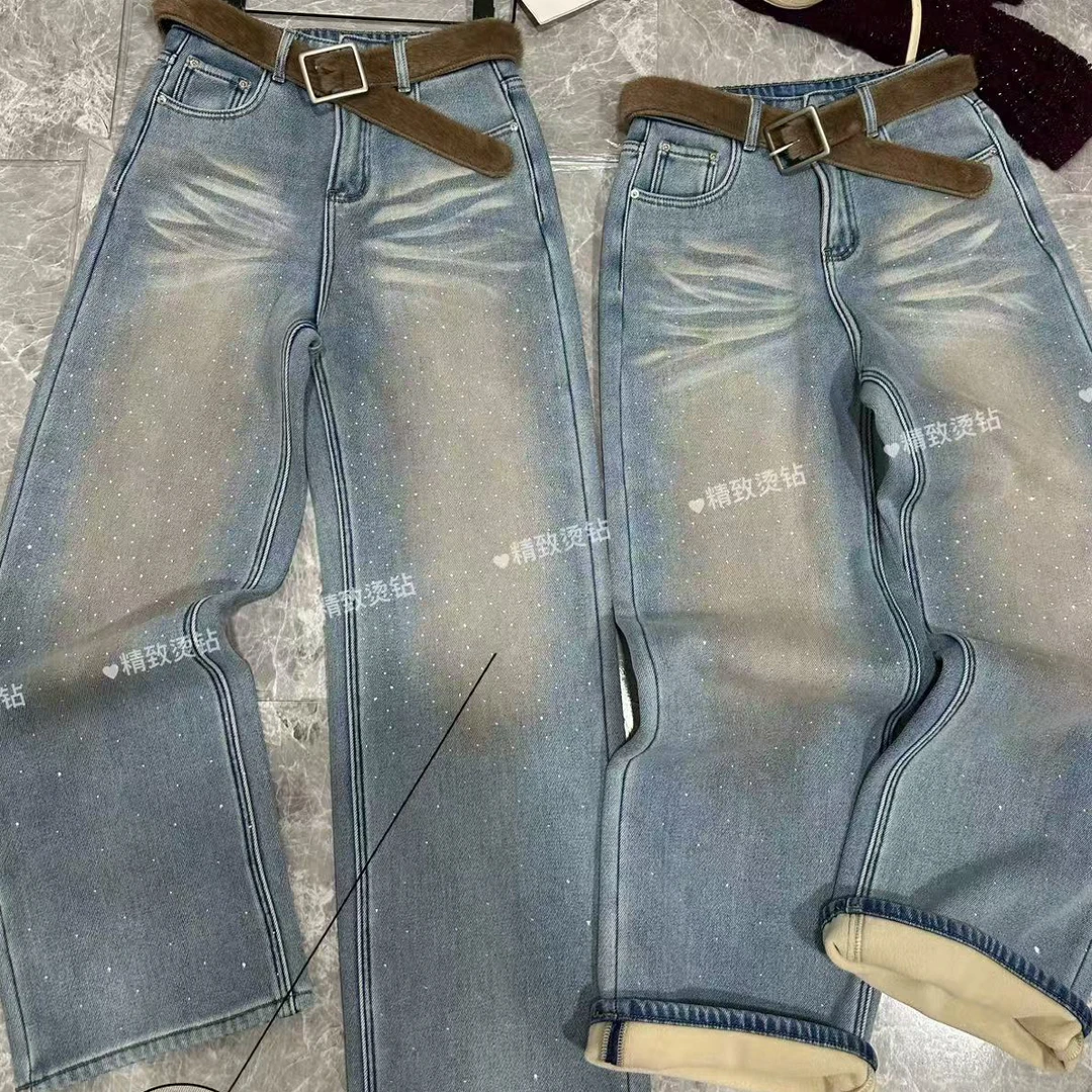 珊珊家冬季满天星烫钻加绒高腰显瘦阔腿牛仔裤女百搭潮流单品