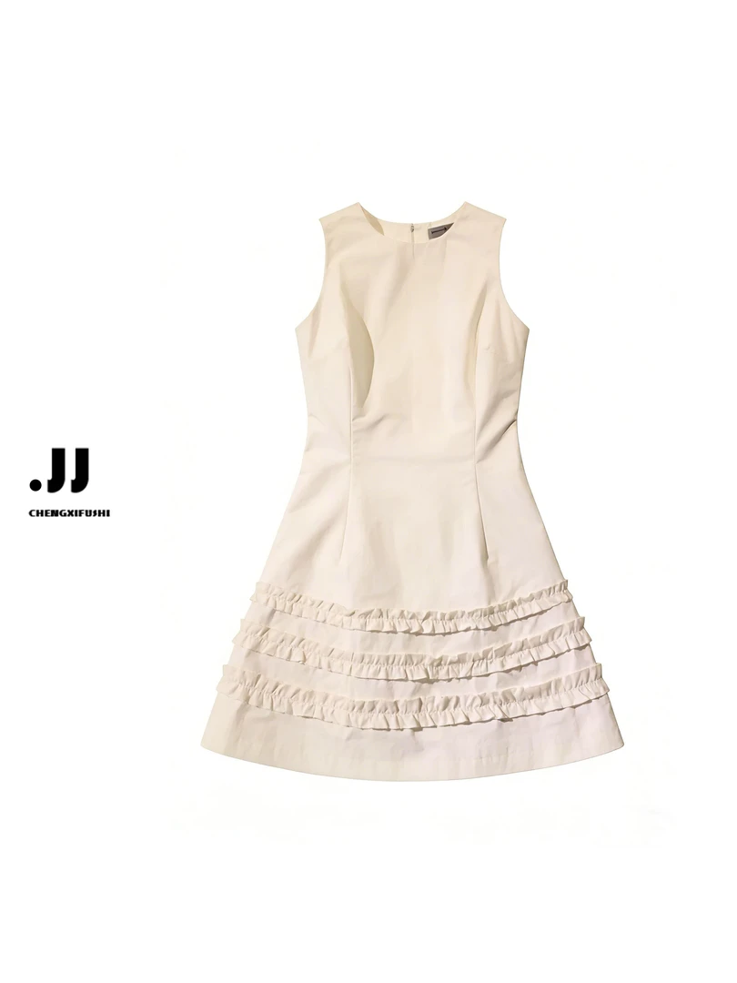 Y1978 恋爱进行时 纯色下摆木耳边无袖连衣裙