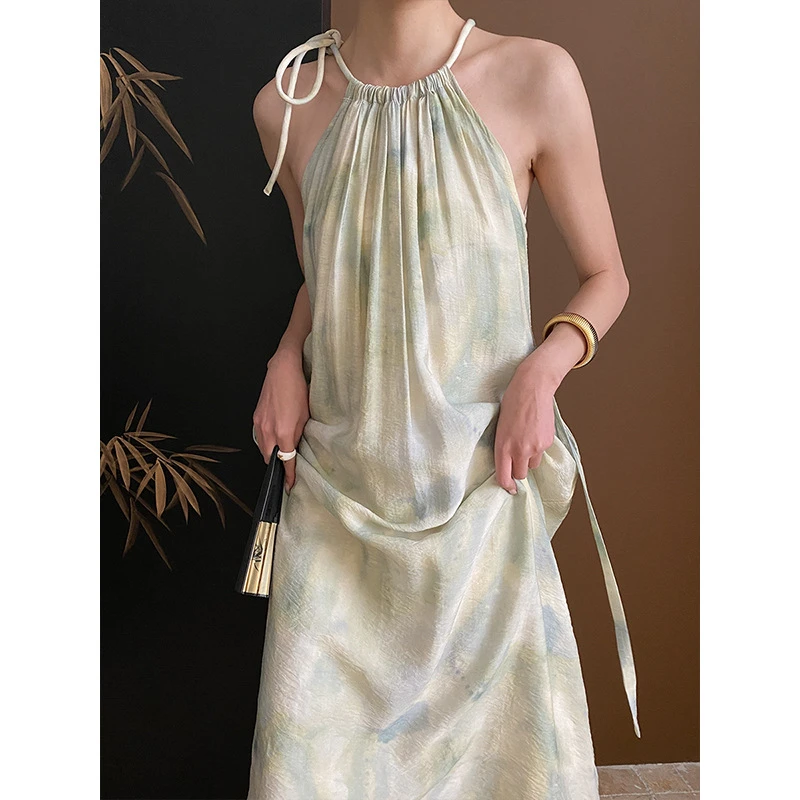 政予 新中式油画晕染抽绳挂脖连衣裙设计感2025夏季新款