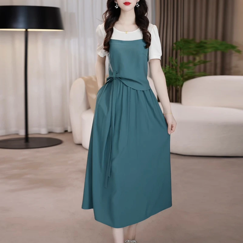 圆领夏季中长裙法式连衣裙女中长款洋气时尚夏装收腰显瘦气质裙子