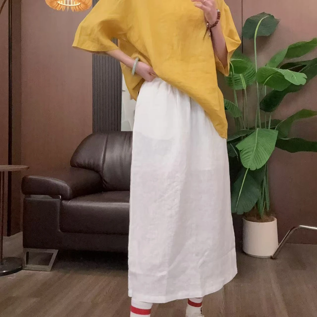 IXIAN女装-夏季新款简约时尚100亚麻后开叉休闲显瘦亚麻半身裙