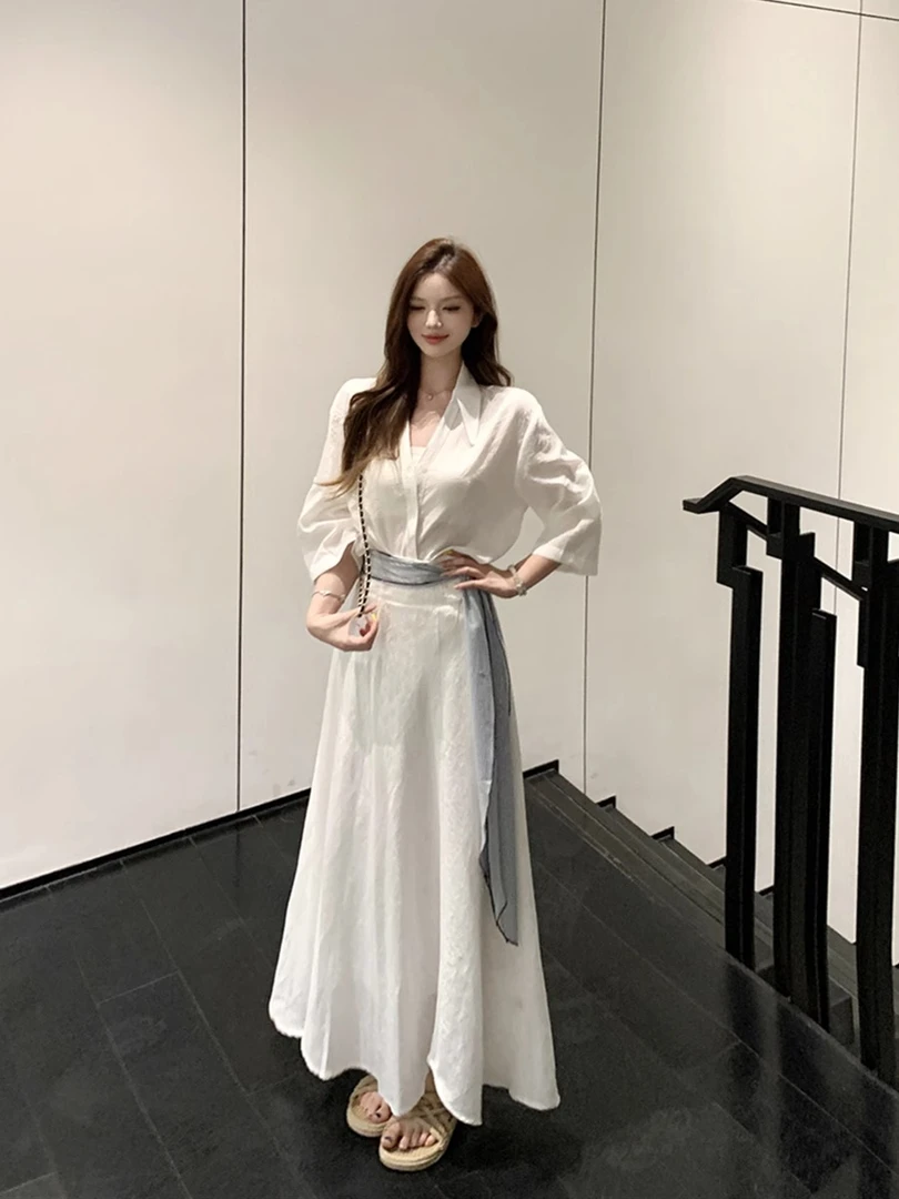 气质白色polo领短袖衬衫上衣女夏季时尚套装高腰半身裙长裙两件套