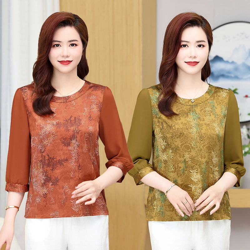 中年妈妈春装时尚中国风短款小衫七分袖薄款T恤春夏季中老年套装