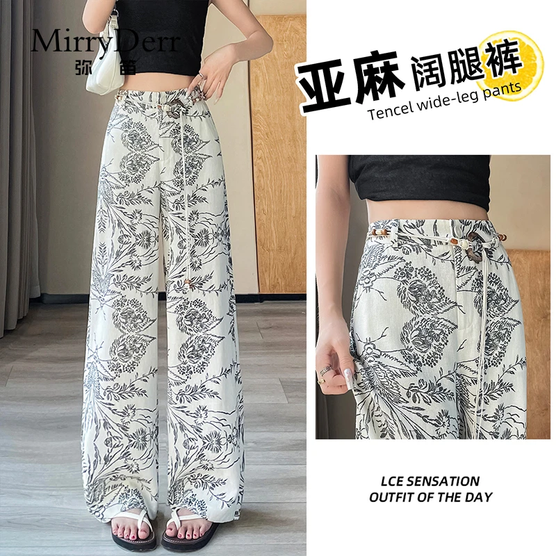 MirryDerr/弥笛亚麻印花阔腿裤女2025夏季新款复古宽松直筒休闲裤