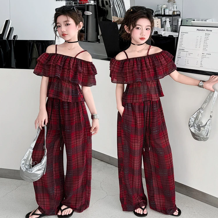 女童装2025新款显瘦洋气夏季套装小个子高腰爆款休闲春秋露肩分体