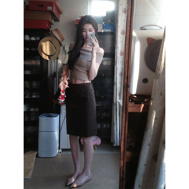 法式复古甜辣气质一字肩短款针织衫百搭显瘦高腰简约中裙子两件套