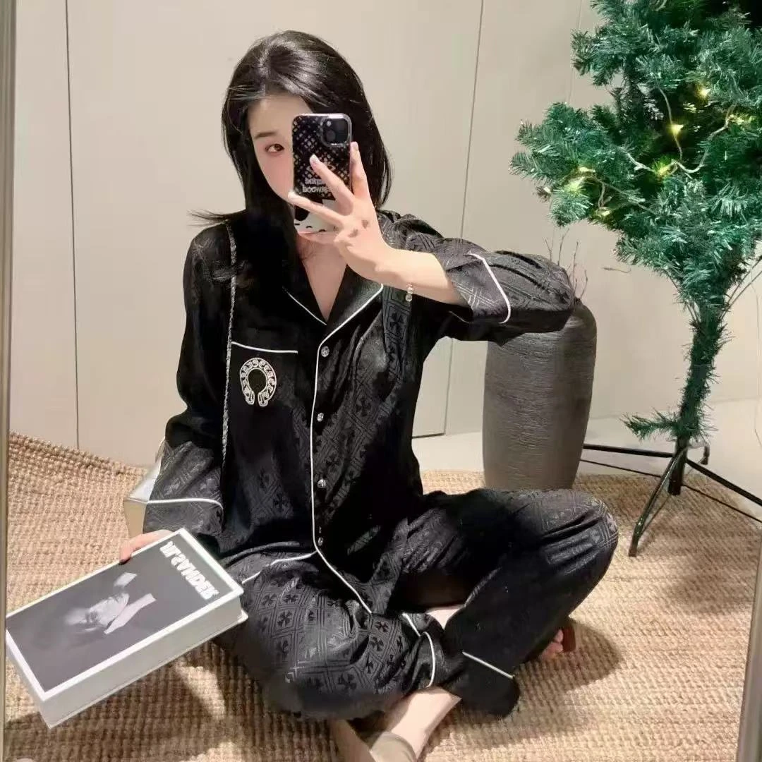 时尚轻奢撞色提花冰雪丝翻领开衫长袖长裤情侣家居服套装1276#