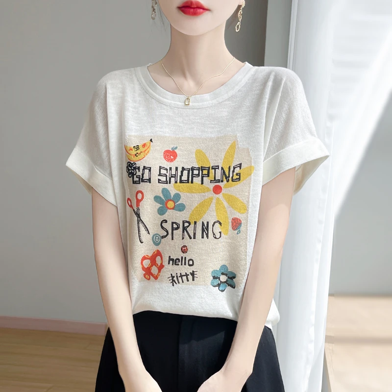 2025夏季新款竹节棉麻短袖T桖女韩版宽松圆领减龄设计感上衣537