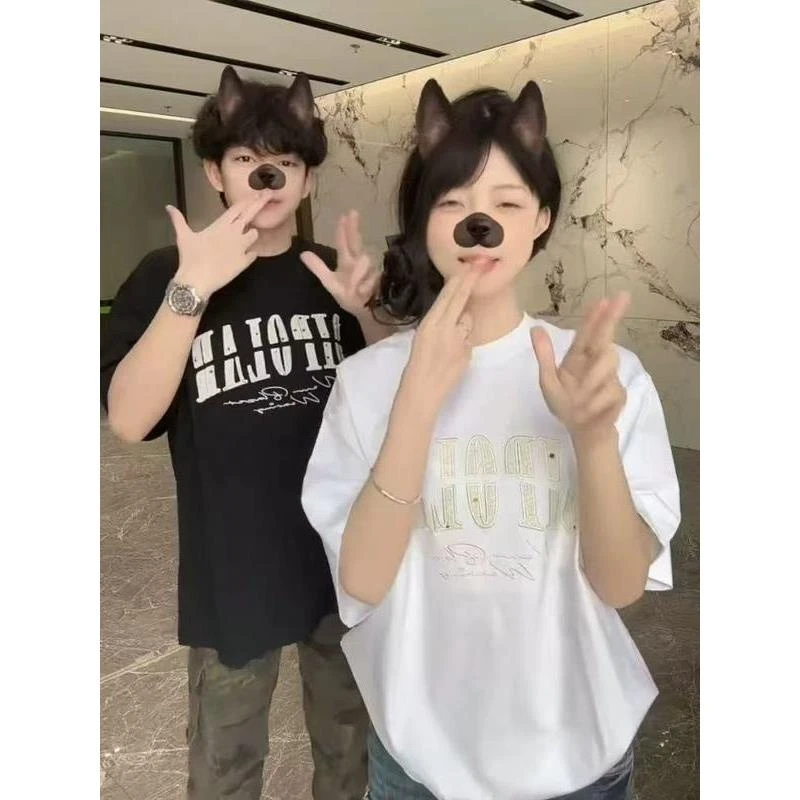 美式潮牌刺绣简约短袖t恤男夏季新款hiphop宽松圆领套头情侣上衣