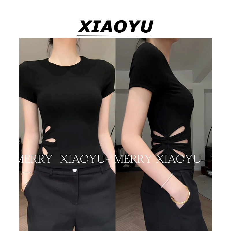 小鱼【美式甜辣】设计感镂空正肩T恤女夏季纯色显瘦洋气独特上衣