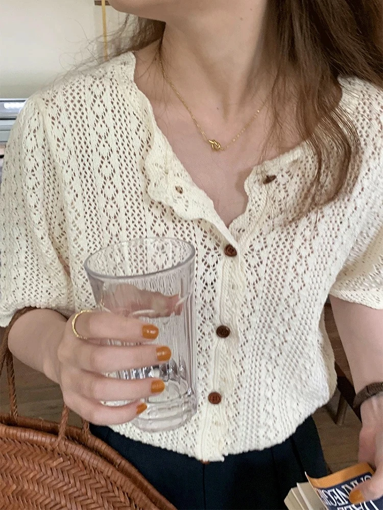 vintage复古夏季镂空防晒罩衫法式休闲慵懒风钩花针织衫女上衣