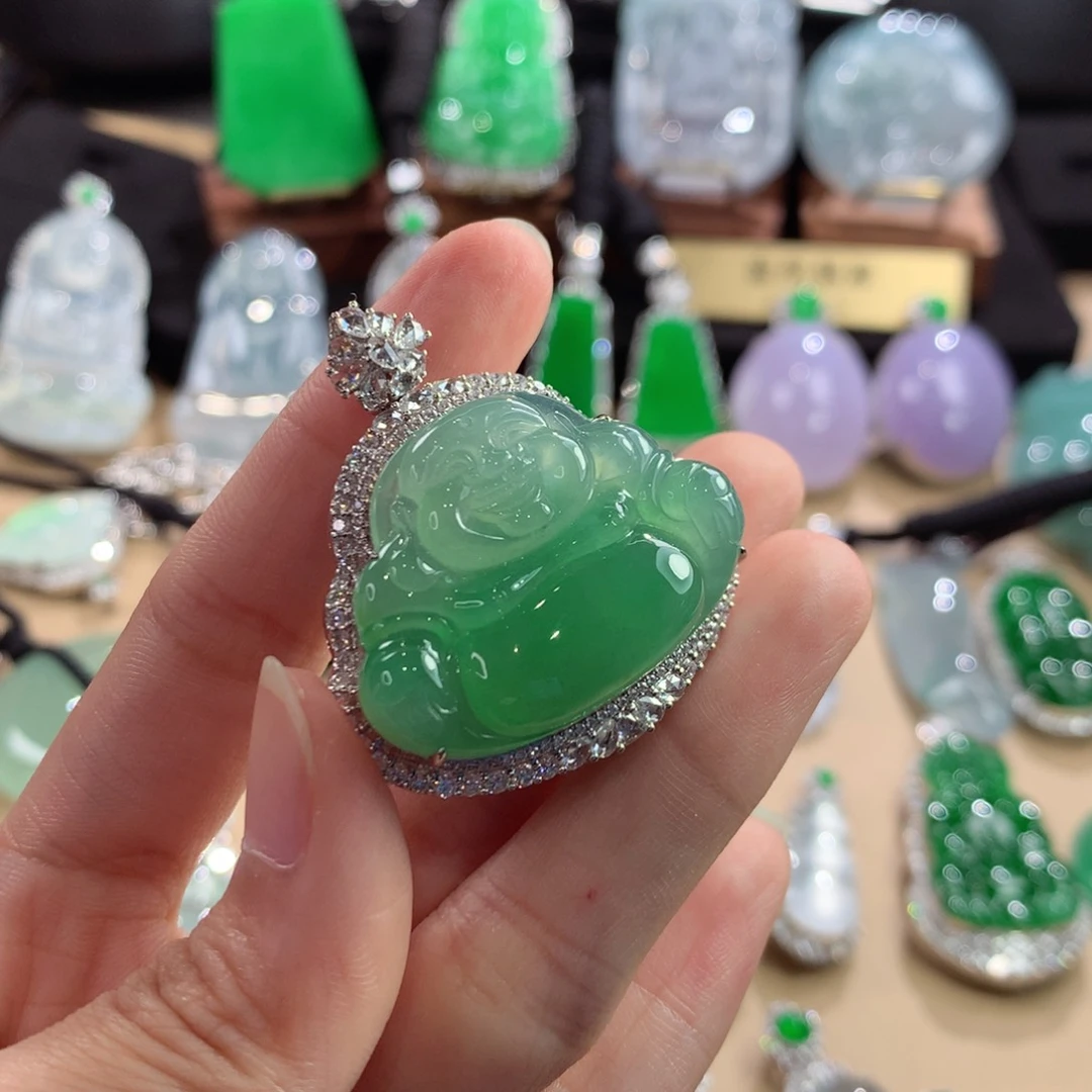 翡翠18K金镶嵌吊坠(不含链)哈天然缅甸翡翠a货