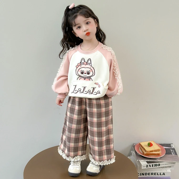女童早秋花边卫衣套装2025新款儿童洋气拉布布花边格子裤两件套潮