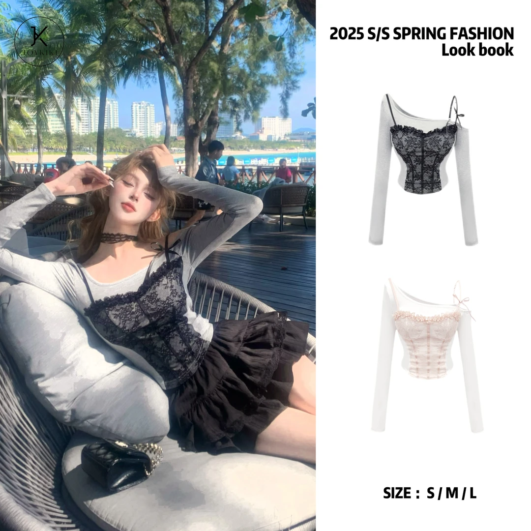 JOY KIKI金金【双生天使】纯欲甜美蕾丝拼接假两件上衣J25A054