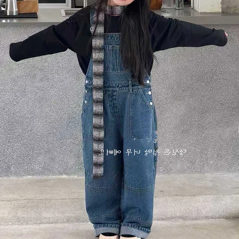 女童牛仔背带裤直筒宽松阔腿秋装儿童连体裤长裤中大童休闲长裤子