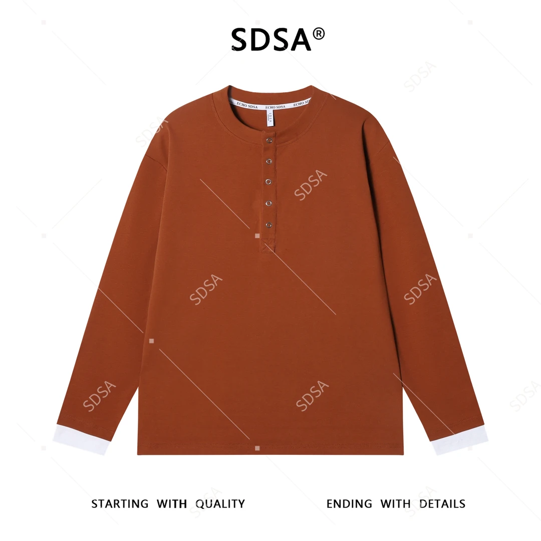 SDSA男士秋冬新款痞帅男装潮牌撞色按扣圆领长袖T恤气质百搭上衣