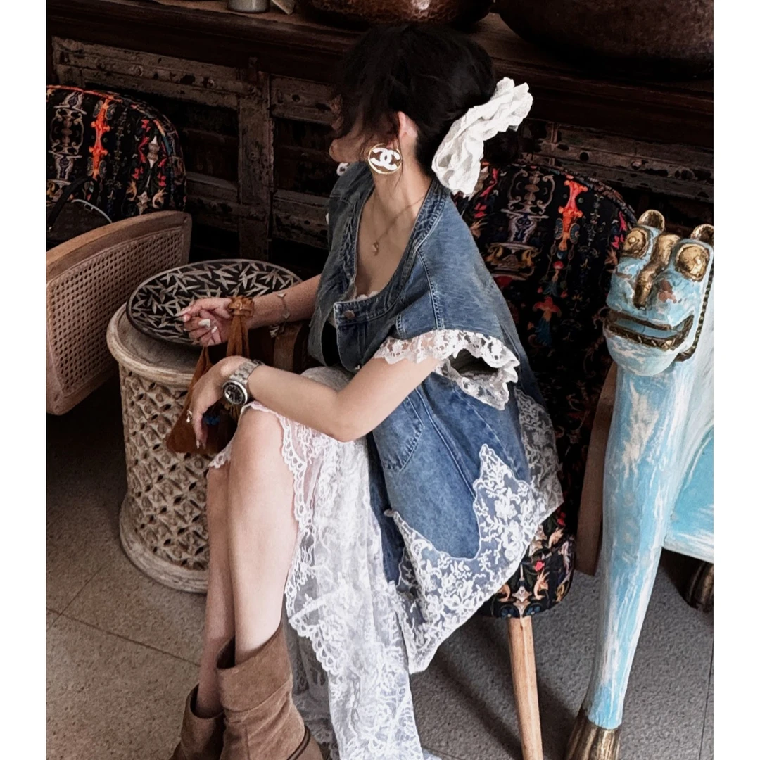 SEVEN144高货！韩版牛仔马甲女背心外套蕾丝马夹上衣时尚百搭