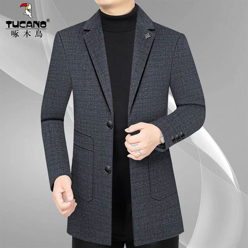 啄木鸟男士西装领毛呢大衣外套商务休闲西服男装保暖冬季中长款潮