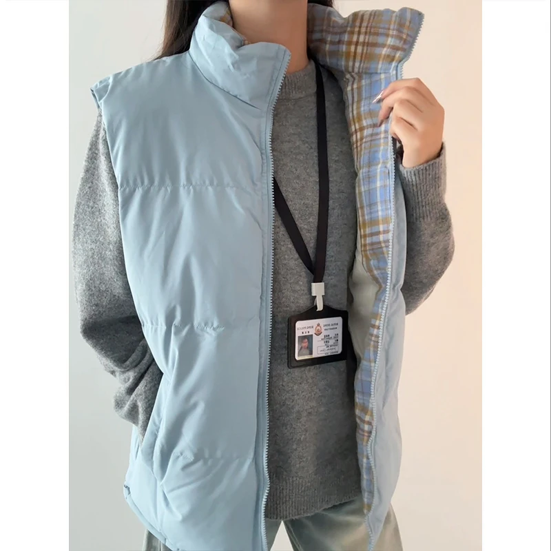 美式格子拼接棉服马甲男款冬季叠穿立领无袖棉坎肩外套情侣装棉衣