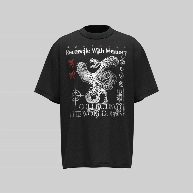 【暗黑哥特】小众蛇骨暗黑系设计感宽松百搭印花圆领纯棉t恤短袖
