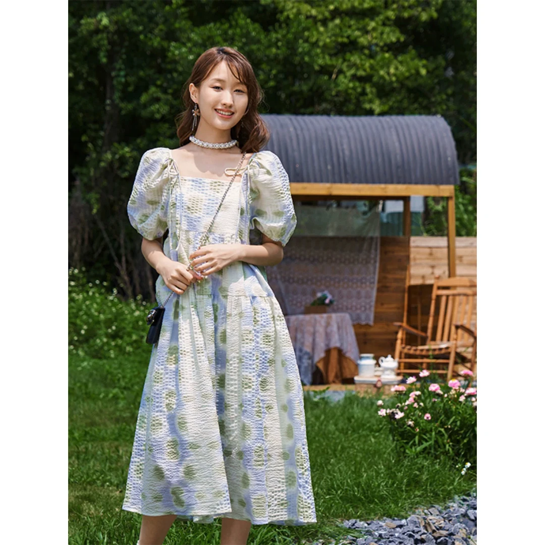 V.kekou碎花长裙泡泡袖公主风夏季连衣裙森系气质L2441321
