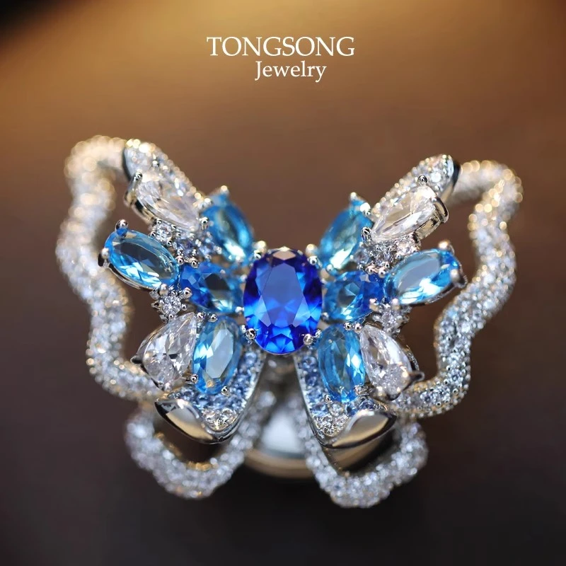 铜合金合成锆石胸针 磁吸扣吸铁石蓝蝴蝶胸针防走光衬衫配饰胸花