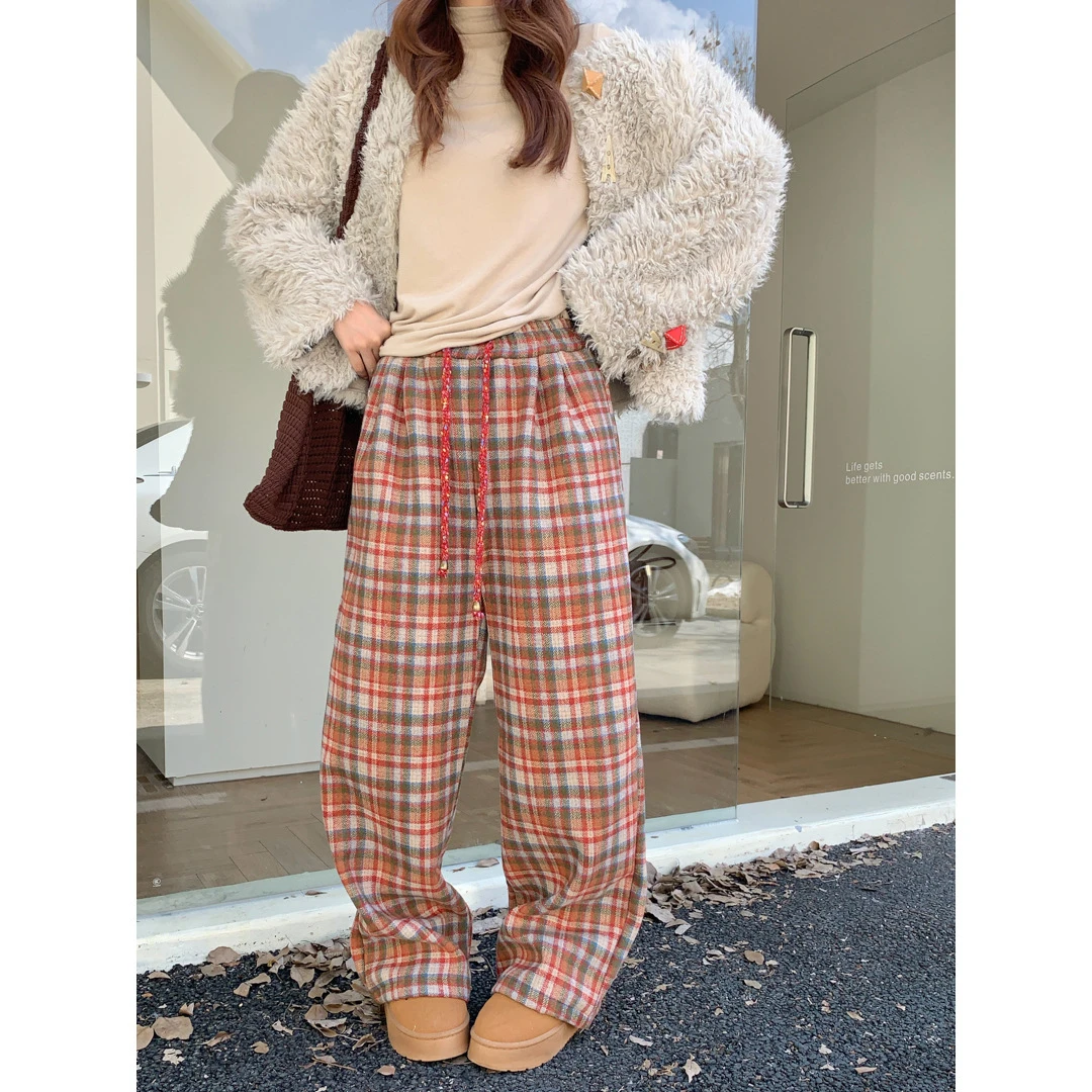 慵懒风复古格纹毛呢加绒裤女2025秋冬百搭加厚羊毛呢休闲裤宽松