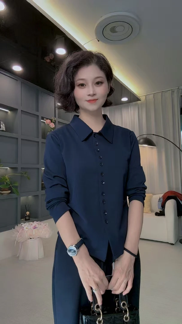 2025新款秋装简约纯色收腰衬衫扣女气质百搭格子上衣衬衣2537