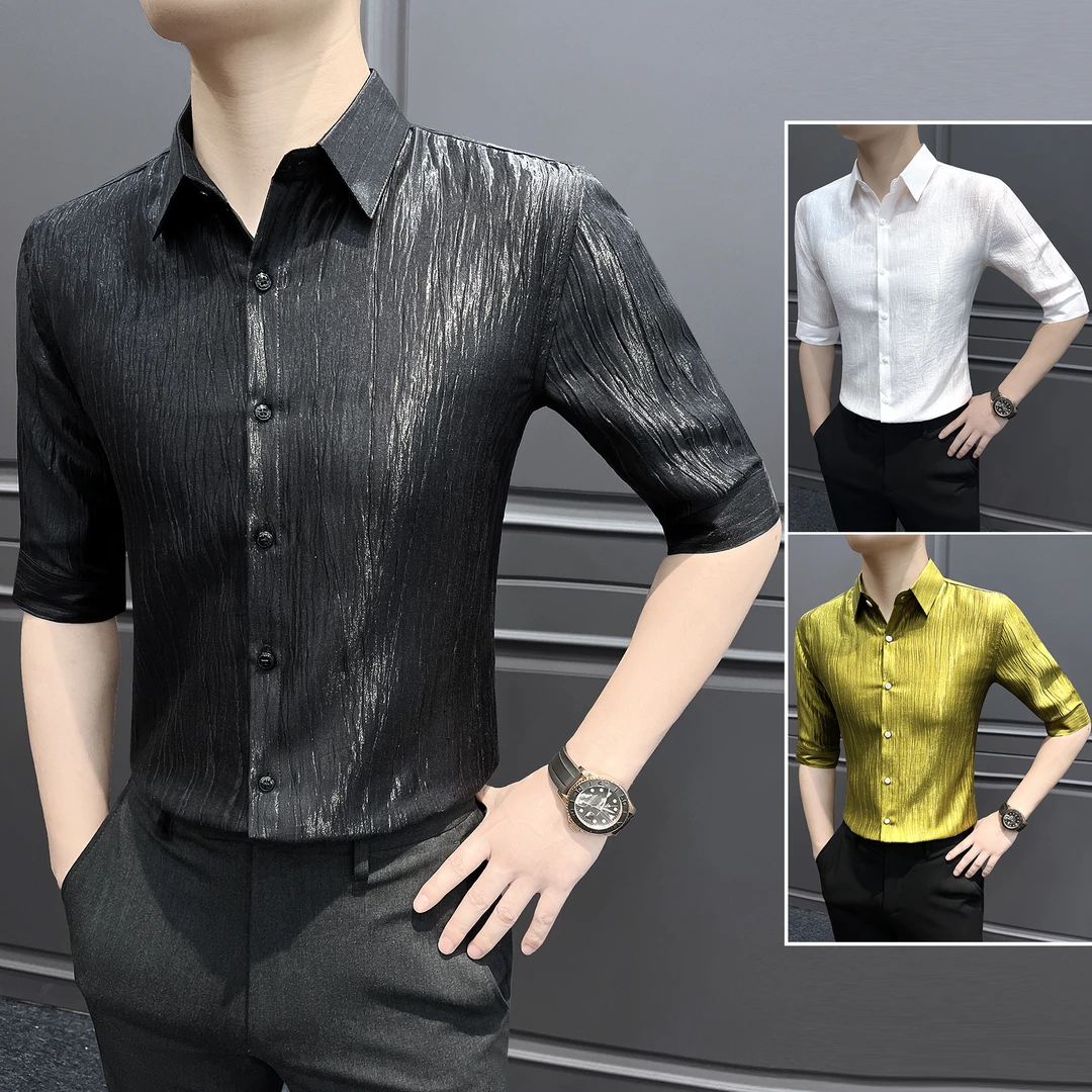 褶皱七分袖男士衬衫短袖秋季痞帅高级感男装纯色条纹修身男款衬衣