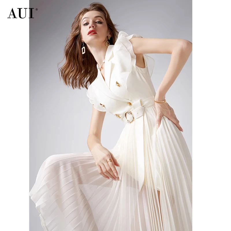 【若谷专属】 AUI杏色气质西装连衣裙荷叶边雪纺百褶裙-24X014641