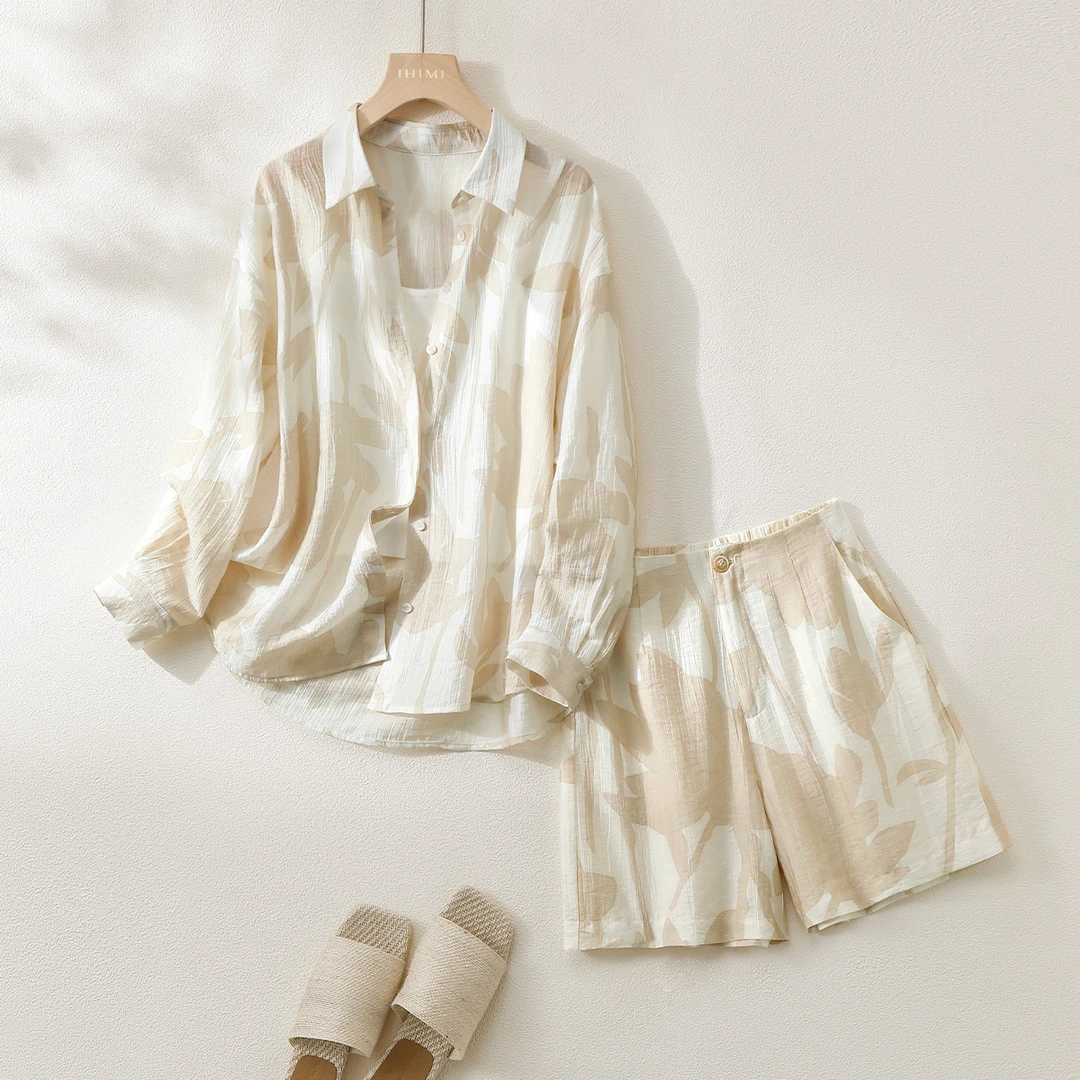 IHIMI/海谧老钱职场风短裤套装2025秋季新款印花衬衫短裤套装4098