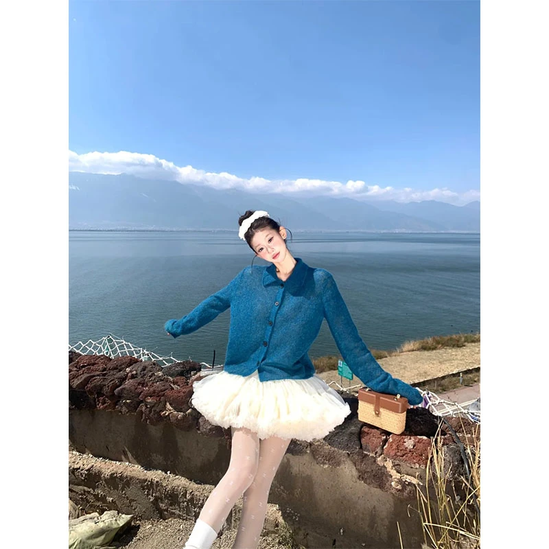 复古时尚气质高级感翻领长袖针织开衫上衣高腰百搭小众蓬蓬半身裙