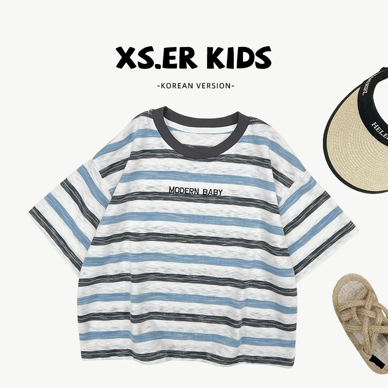 【小首尔】原版-现货-儿童韩版条纹短袖上衣夏季百搭短袖T恤HBB7342