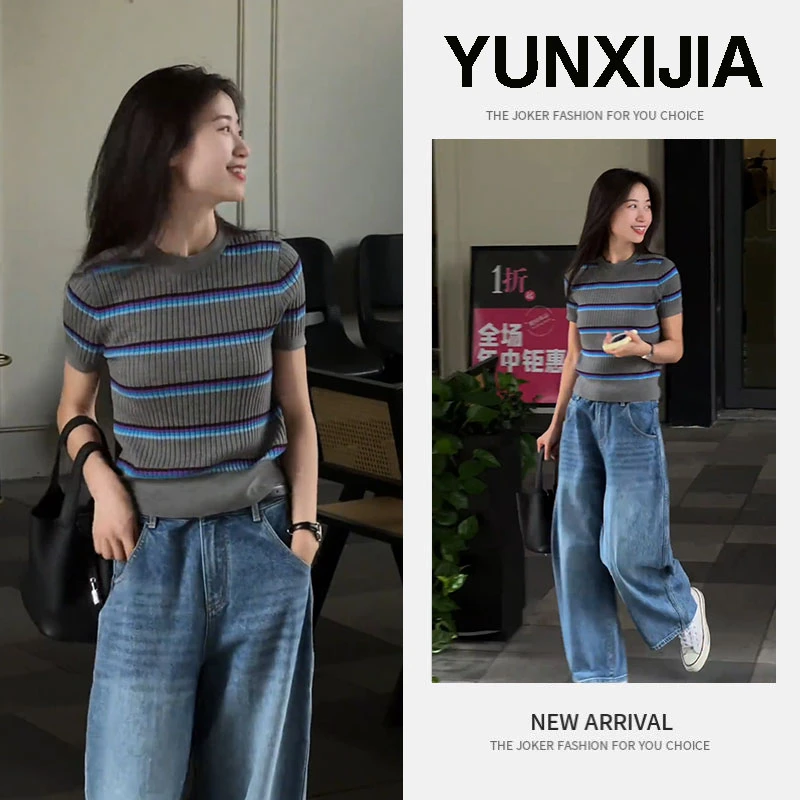 2025夏季新款时尚气质老钱风百搭复古条纹短袖上衣裤子两件套