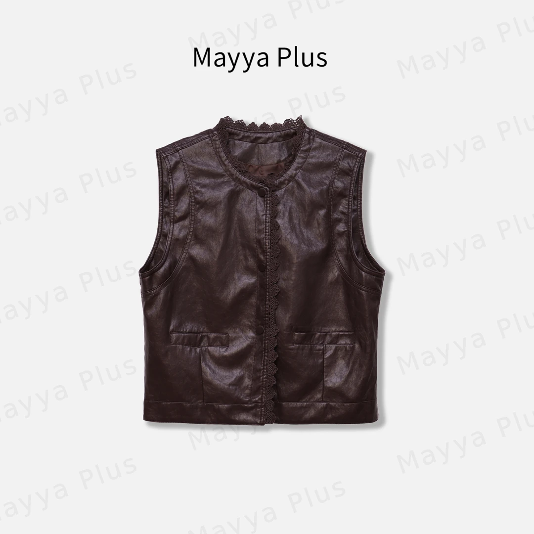 【华尔街】Mayya Plus麦芽定制蕾丝拼接皮衣外搭马夹女上衣32536290