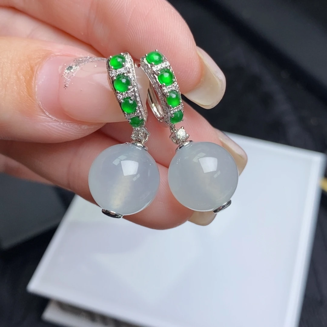 翡翠18K金镶嵌耳饰冰珠珠（卡12.6mm）