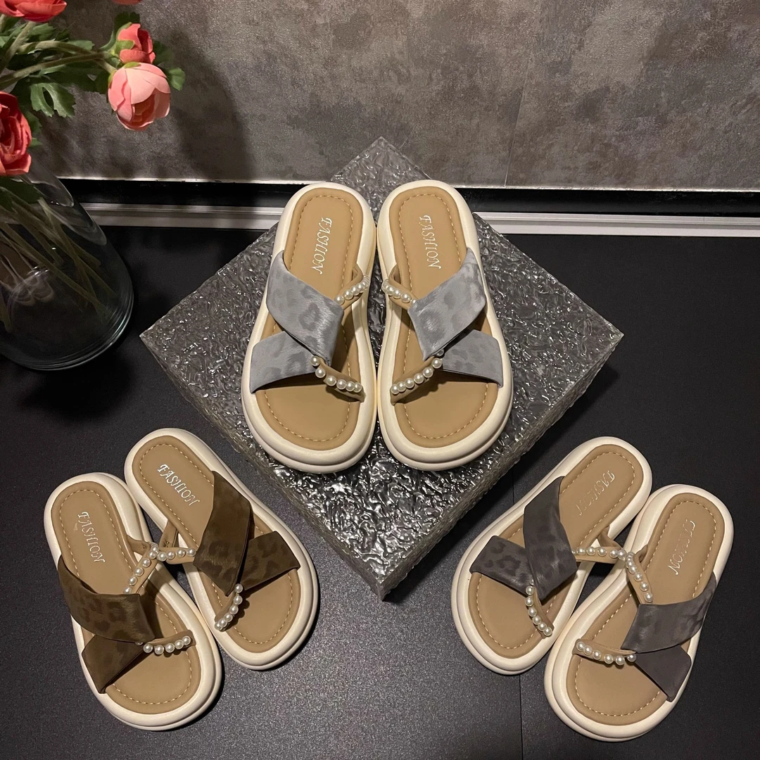 2025夏季新款时尚高级感豹纹珍珠轻奢风软底外穿厚底舒适拖鞋-5CM