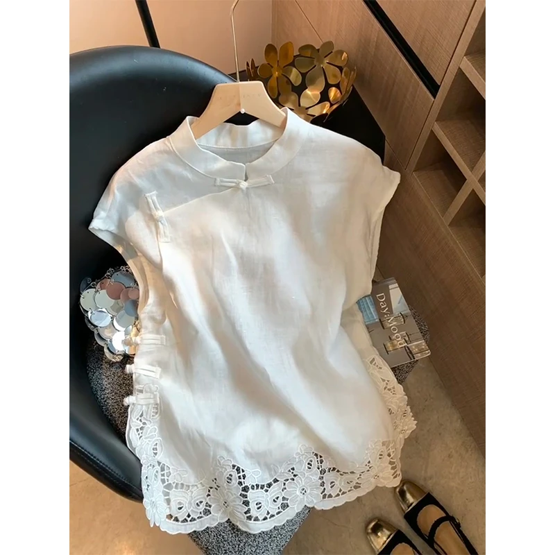 新中式国风镂空立领斜襟设计感小飞袖上衣2025夏季新款绝美小衫潮