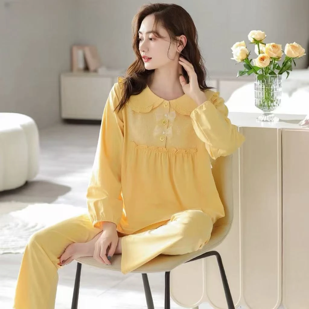 春秋季纯棉娃娃领长袖长裤睡衣女欧若风可外穿家居服纯棉睡衣女孩