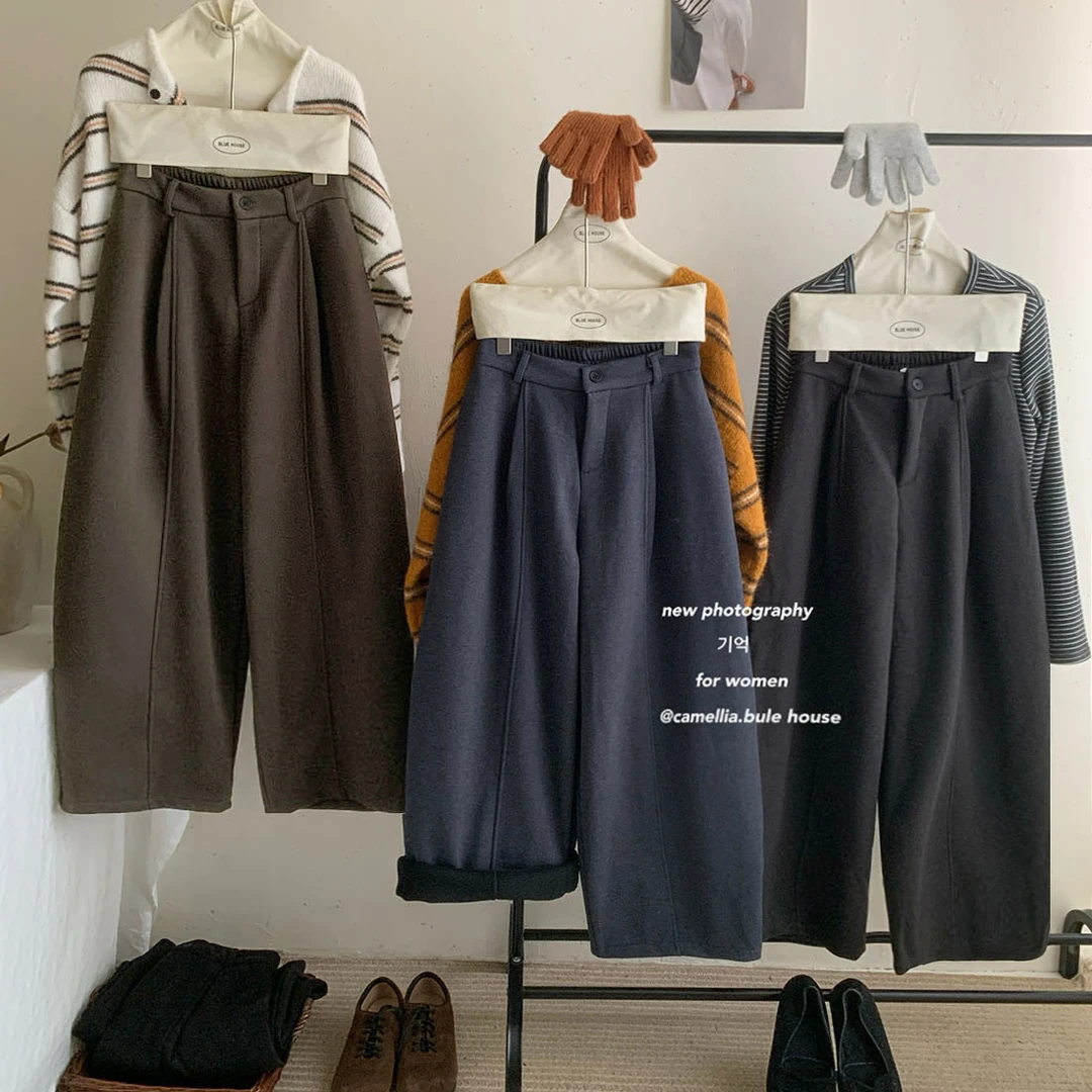 牛货加绒老钱毛呢料弯刀阔腿裤女秋冬立体分割线松弛感休闲裤