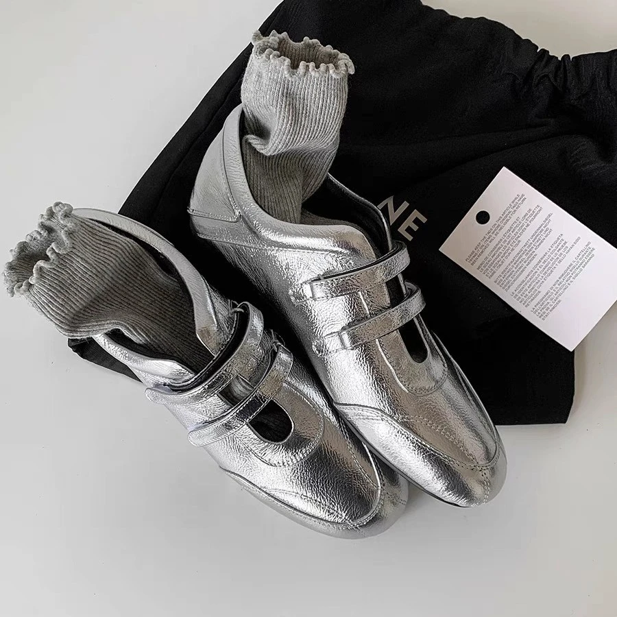 ZA银色新品女鞋复古法式玛丽珍鞋女魔术贴休闲百搭芭蕾鞋平底单鞋