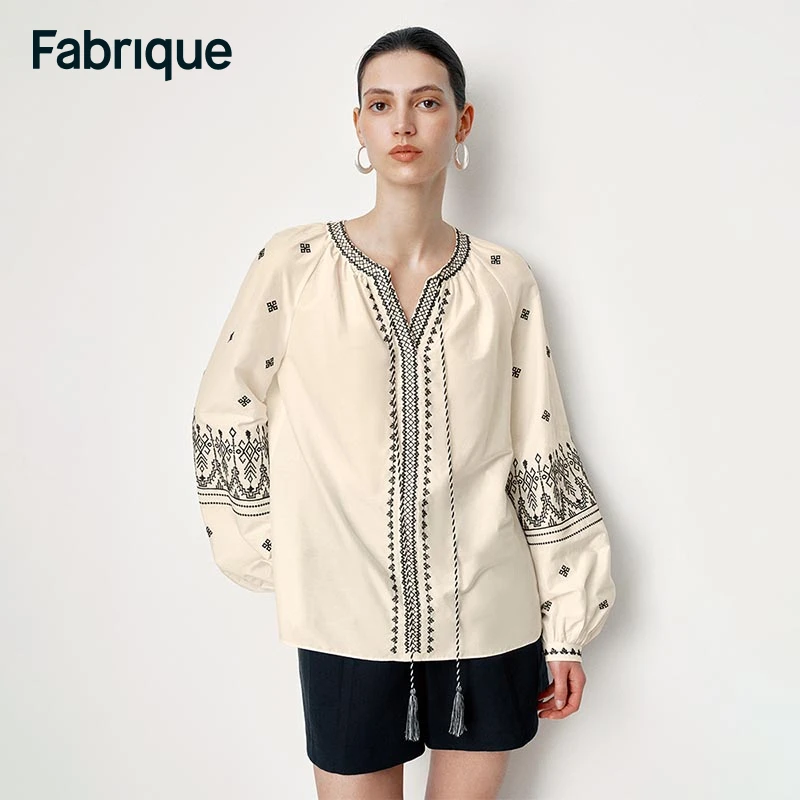 Fabrique Olivia【杨珈珈同款】波西米亚桑蚕丝棉法式刺绣V领衬衫
