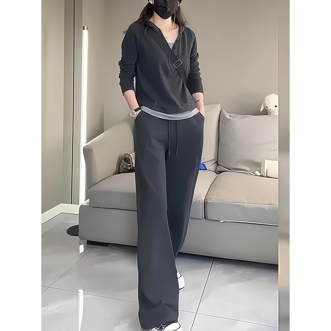 连帽假两件阔腿裤洋气休闲运动套装女2025春秋新款时尚显瘦两件套