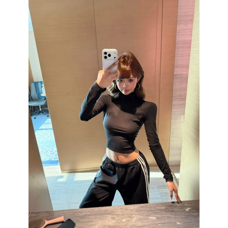 美式辣妹后背镂空高领长袖T恤女性感设计露背上衣低腰卫裤阔腿裤