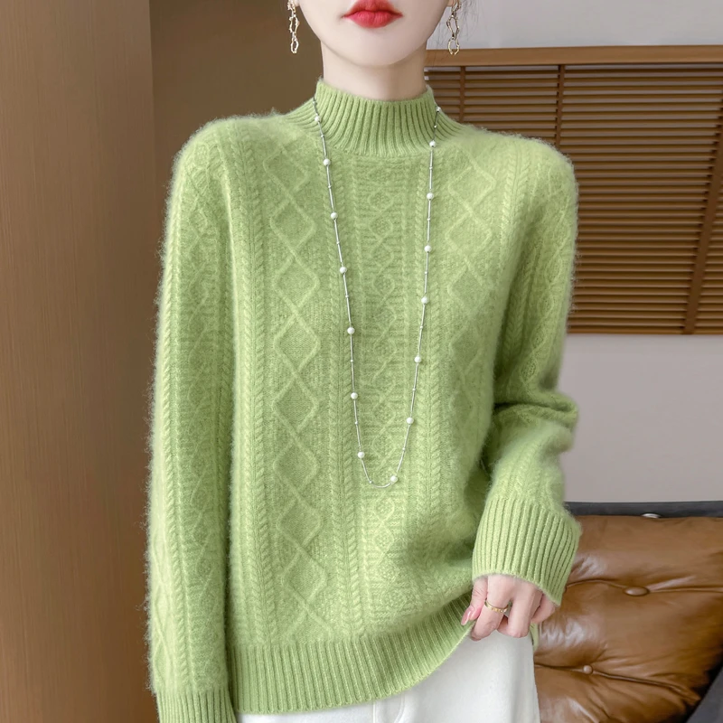 商场新款加厚纯羊毛半高领绞花宽松套头针织毛衫女款